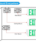 Mounting options for Slick Double Pack LED Exit Signs With Rock Solid Battery Backup, showing wall, ceiling, and end mounts.