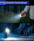 Person holding Ultra Bright LED Flashlight With 100000 Lumens Rechargeable 10800mAh Battery in heavy rain, forest view at night.