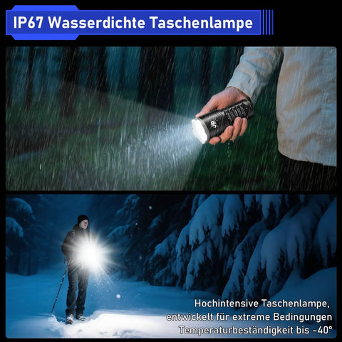 Person holding Ultra Bright LED Flashlight With 100000 Lumens Rechargeable 10800mAh Battery in heavy rain, forest view at night.
