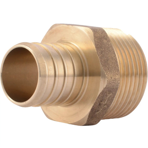 1 Inch Crimp MNPT Male Brass Plumbing Adapter for PEX and Copper, a solid brass fitting transitioning from PEX pipe to FNPT threads