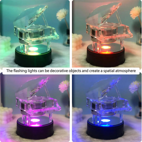 Fieifi Motorized Rotating Led Light Display Base For Crystals And Glass Art with a crystal piano figurine, colorful LED lights, and 4.75 inch diameter.