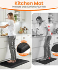 Extra Thick Four Fifths Inch Non Slip Anti Fatigue Kitchen Floor Mat Waterproof Stain Resistant Cushioned Comfort Mat For Standing And Office Use 17 By 24 Inches Black shown in kitchen use with person standing on mat