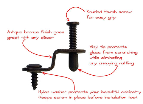 Close-up of Bronzed Panel Retainer Clips for Glass Cabinet Doors with Thumb Screw, showing all-metal construction and features.