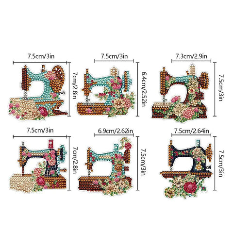 Six Piece DIY 5D Sewing Machine Diamond Painting Keychain Kit Set Double Sided Special Shape Dope Accessory displayed on white