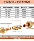 Product specification table for 2 Pack Copper Pipe Connectors For Hvac Air Conditioning Repair Weld Free Couplings With Flare Nuts.