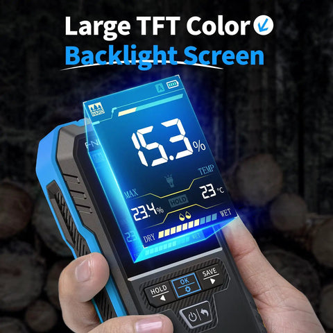 Pinless Wood Moisture Meter WMT-10 Go-To Rechargeable Digital Moisture Tester For Wood Walls Firewood Lumber Concrete And Building Materials With Data Hold And Record Built-In Flashlight Humidity Detector, large TFT color backlight screen