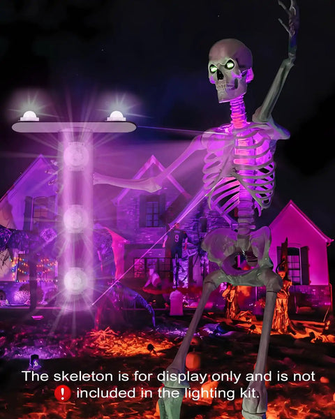 12 Ft Skeleton Lighting Kit With Remote LED displayed on skeleton with purple glow, house backdrop; skeleton not included.