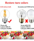 Comparison of Smooth Dimmable E26 LED Bulb 4W Equivalent 40W Warm White 2700K with incandescent bulbs, highlighting color restoration and lifespan.