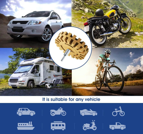 Decal Remover Eraser Wheel For Drill with various vehicles like cars, RVs, and motorcycles in the background.