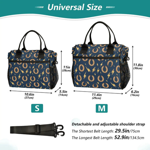 Horseshoe Lightning Bolt Insulated Lunch Box Bag Black Grab And Go Two Size Options Medium And Small Built To Last Nylon Exterior Pearl Cotton Insulation Spacious Lunch Cooler That Keeps Meals Fresh All Day Ideal For Work Or School, size chart with S and M bags