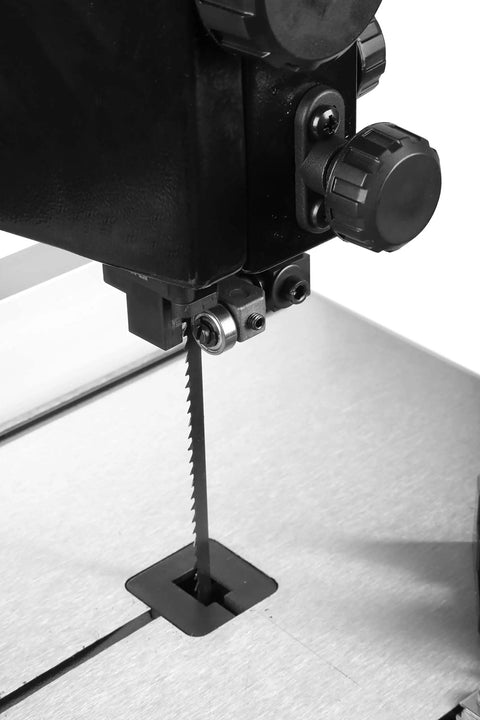 Close-up of the blade and guide of Beast 9-Inch Benchtop Band Saw With 2.8 Amp Motor, Cuts Up To 3-1/2 Inches Deep And 9 Inches Wide