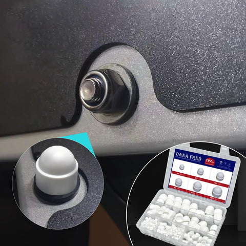 197 Piece White Plastic Bolt Covers Set For Hex Bolts M4 To M12 Protective Caps For Screws And Nuts shown in a kit and installed