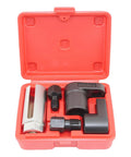 Master Crafted Five Piece O2 Oxygen Sensor Socket Kit With Offset 6 Point Low Profile Head And Sharp Thread Chaser For No Sweat Exhaust Removal In Grease Monkey Friendly Tight Spots Using Any Standard Ratchet in a red storage case.