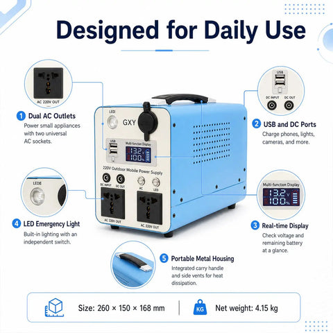 Heavy Duty LiFePO4 Portable Power Station 300W 500W features dual AC outlets and USB ports for camping and emergency use.