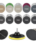 5 Inch Wet And Dry Sanding Discs Kit For Angle Grinder With Hook And Loop Backing Pad And 5/8-11 Threads, 54 Piece Set displayed