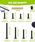 No Sweat Crib Screw Replacement Kit With M6 Hex Drive Furniture Bolts Barrel Nuts And Dowel Pins size chart with black screws, nuts, dowel, and wrench.
