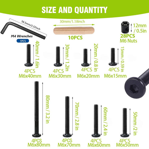 No Sweat Crib Screw Replacement Kit With M6 Hex Drive Furniture Bolts Barrel Nuts And Dowel Pins size chart with black screws, nuts, dowel, and wrench.