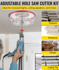Adjustable Hole Saw Cutter Kit Pro Grade Heavy Duty Set for Recessed Lights and Ceiling Speakers in use on a ceiling.