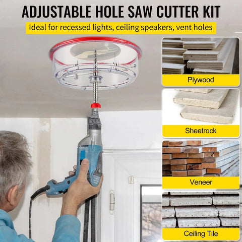 Adjustable Hole Saw Cutter Kit Pro Grade Heavy Duty Set for Recessed Lights and Ceiling Speakers in use on a ceiling.