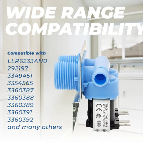 Washer Water Inlet Valve 285805 Replacement For Whirlpool Kenmore Maytag Frigidaire Electrolux in blue with compatibility list