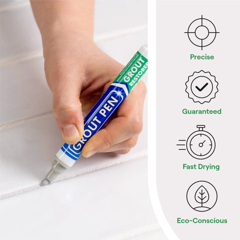 Hand using Light Grey Grout Pen Tile Paint Marker Waterproof Grout Paint Colorant and Sealer Pen for tile grout touchups.