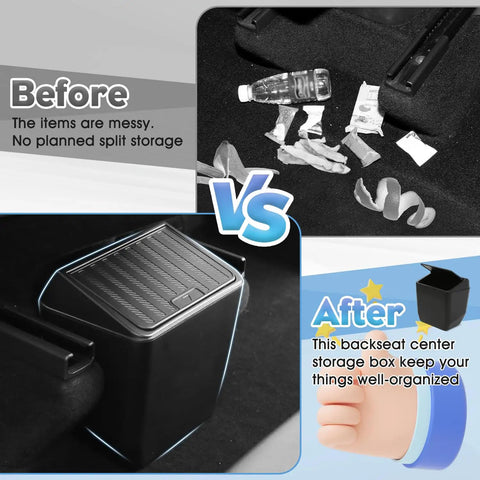 Comparison of before and after using Tesla Model Y Juniper Rear Trash Can With Press Open Design Center Console Organizer.