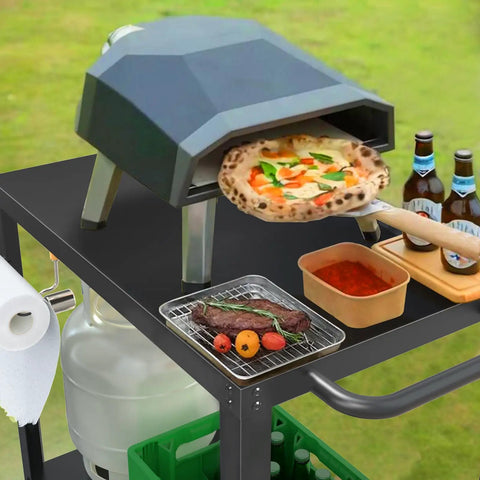 32x20IN Double Shelves Grill Table Movable Outdoor Grill Cart For Griddle And Pizza Oven with pizza and BBQ setup