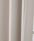 Close-up of Fire Retardant Blackout Curtains With Grommet Top NFPA 701 Certified Flame Resistant Drape in light beige, 42x63 inches.