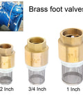 Three brass foot valves with filter screens in 1/2 inch, 3/4 inch, and 1 inch sizes. One Inch Brass Foot Valve For Well Pump With Filter Screen And Stainless Steel Check Valve DN25 Bottom Valve For Water System Applications In Ground Or Domestic Use Heavy Duty.