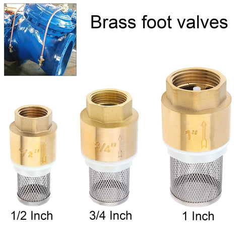 Three brass foot valves with filter screens in 1/2 inch, 3/4 inch, and 1 inch sizes. One Inch Brass Foot Valve For Well Pump With Filter Screen And Stainless Steel Check Valve DN25 Bottom Valve For Water System Applications In Ground Or Domestic Use Heavy Duty.