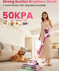 Cordless Stick Vacuum Cleaner With 50KPa Brushless Motor, Anti-Tangle Technology in use on carpet near a dog
