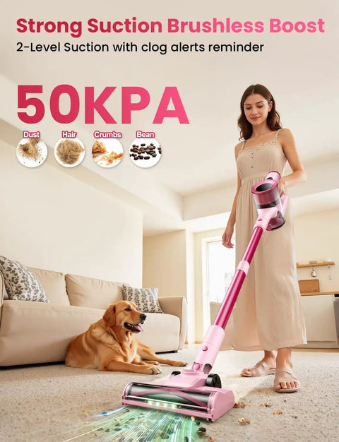 Cordless Stick Vacuum Cleaner With 50KPa Brushless Motor, Anti-Tangle Technology in use on carpet near a dog