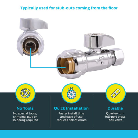 1/2 x 3/8 Inch Compression Straight Stop Valve Pack of 4, Quarter Turn, Push to Connect Brass Plumbing Fittings for PEX Copper CPVC