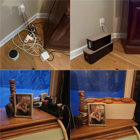 Cables organized in 2 Pack Cable Management Boxes For Power Strips, ABS plastic, large and small set in home setting.