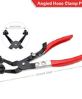 Angled hose clamp plier with red handles; part of 3 Piece Hose Clamp Pliers Set With Long Reach Wire Spring Pliers Angled Pliers And Flat Band Pliers For Auto Cooling System Radiator Heater And Water Hose Remover Kit