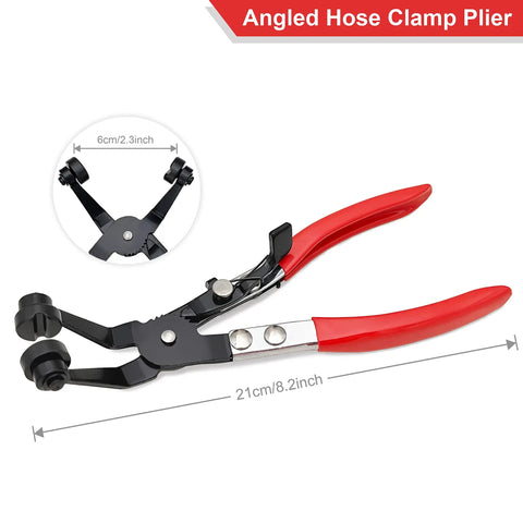 Angled hose clamp plier with red handles; part of 3 Piece Hose Clamp Pliers Set With Long Reach Wire Spring Pliers Angled Pliers And Flat Band Pliers For Auto Cooling System Radiator Heater And Water Hose Remover Kit