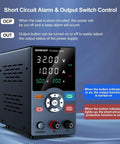 Variable 30V 10A Bench Power Supply With USB Fast Charging Port And Output Current Display, showing short circuit alarm
