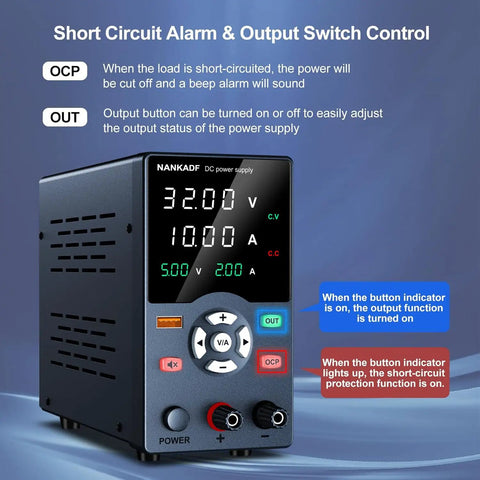 Variable 30V 10A Bench Power Supply With USB Fast Charging Port And Output Current Display, showing short circuit alarm