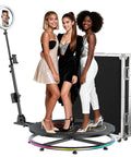 Three people on 360 Spin Photo Booth with Ring Light and RGB Lighting, remote app control, flight case, ideal for TikTok streams