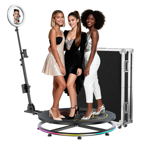 Three people on 360 Spin Photo Booth with Ring Light and RGB Lighting, remote app control, flight case, ideal for TikTok streams