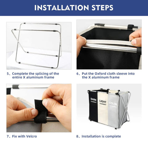 Installation steps for assembling the 180L Huge Laundry Basket Freestanding Collapsible Hamper with Easy Grab Handles.