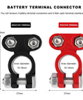Heavy Duty Aluminum Battery Terminal Connectors Two Piece Set With Anti Corrosion Washers And Color Coded Top Post Clamps for cars and trucks showing black negative and red positive terminals.