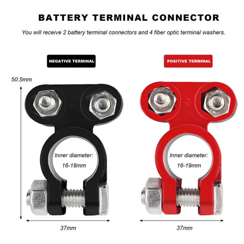 Heavy Duty Aluminum Battery Terminal Connectors Two Piece Set With Anti Corrosion Washers And Color Coded Top Post Clamps for cars and trucks showing black negative and red positive terminals.