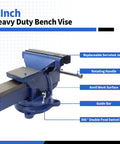 6 Inch Lightweight Bench Vise With 360 Degree Swivel Base For Home DIY Projects Pro Grade Ductile Iron Clamp That Grips Tight Without Slip Space Saving Workbench Vise Built For Durable Hassle Free Tool Work, blue vise with serrated jaws