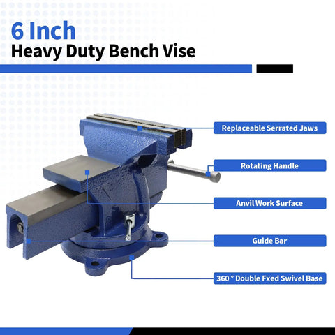 6 Inch Lightweight Bench Vise With 360 Degree Swivel Base For Home DIY Projects Pro Grade Ductile Iron Clamp That Grips Tight Without Slip Space Saving Workbench Vise Built For Durable Hassle Free Tool Work, blue vise with serrated jaws