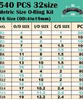 Pro Grade O Rings Kit With 1540 Pieces And 32 Sizes Of Nitrile Rubber O Rings Plus 4 Hook And Pick Set For Car Auto Vehicle Repair Plumbing Pressure Washer Air And Gas Sealing Connections Oil And Heat Resistant All In One O Ring Assortment size chart