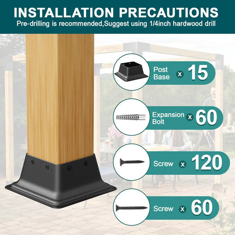 Installation guide for Beefy Heavy Duty 4x4 Post Base Set, 15 Pieces, with post base, expansion bolts, and screws layout.