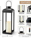 Huge Outdoor Solar Powered LED Candle Lantern 18 Inch Tall Open Frame Black Metal Dusk To Dawn Auto On Timer No Glass Porch Garden Patio Decor Weatherproof, showing 19" height and 8" width with features highlighted.