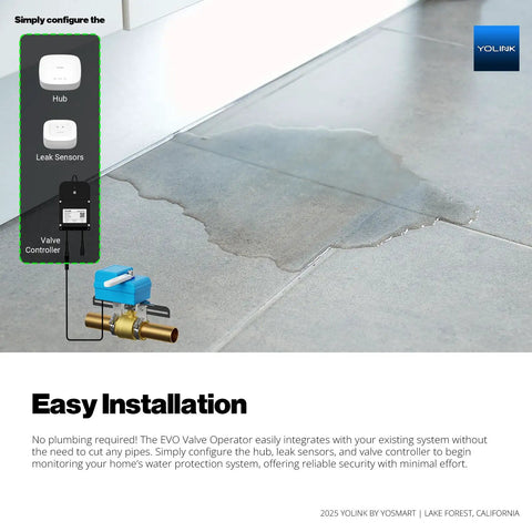 DIY Automatic Water Leak Detection And Shut Off Starter Kit With EVO Valve Operator And Wireless Valve Controller, Three Leak Sensors And Hub For Smart Home Flood Protection That Feels Like A No Brainer And Easy As Pie. Installed on pipe