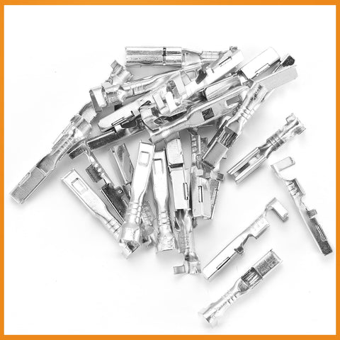 Close-up of metal terminal pins from the 945 Pcs Pin Connector Kit With 21 Types Terminal Pins And Waterproof Plugs For Car Wiring.